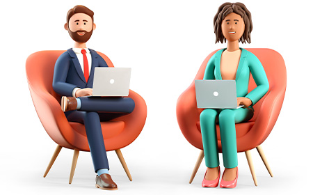Phandy character and friend sitting on chairs with laptops