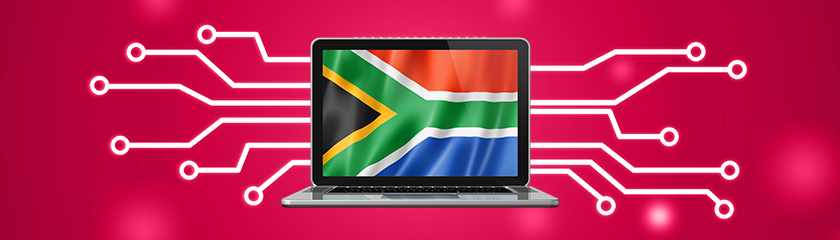 South Africa flag on laptop screen, front view with red background