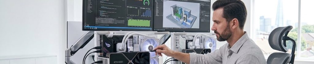 man working on egpu in office